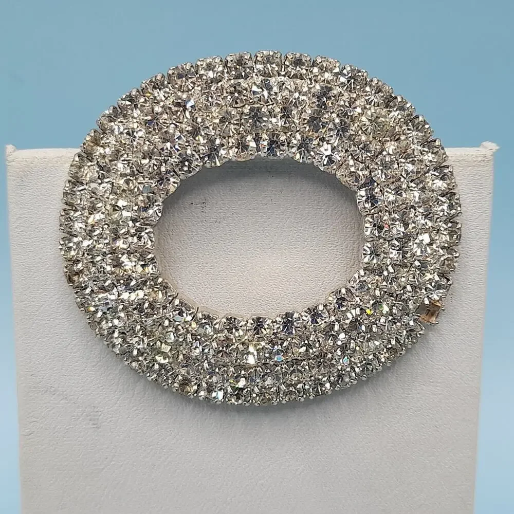 Vintage RMN Clear Rhinestone Oval Brooch, 1 7/8 Inches